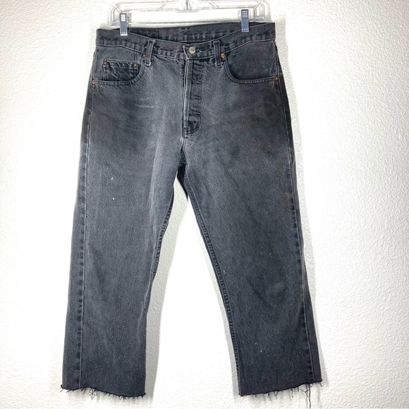 Levi's Denim - Levi's 501 Washed Baggy Black Distressed Cutt Of Hem 32 High Rise Button Fly